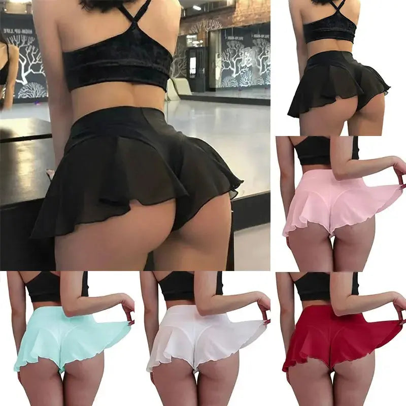 Womens Sheer Ruffles Skirt Shorts Transparent High Waist Mini Skirts Summer Sports Fitness Yoga Dance Hot Pants S-3XL - Lady T Fashions