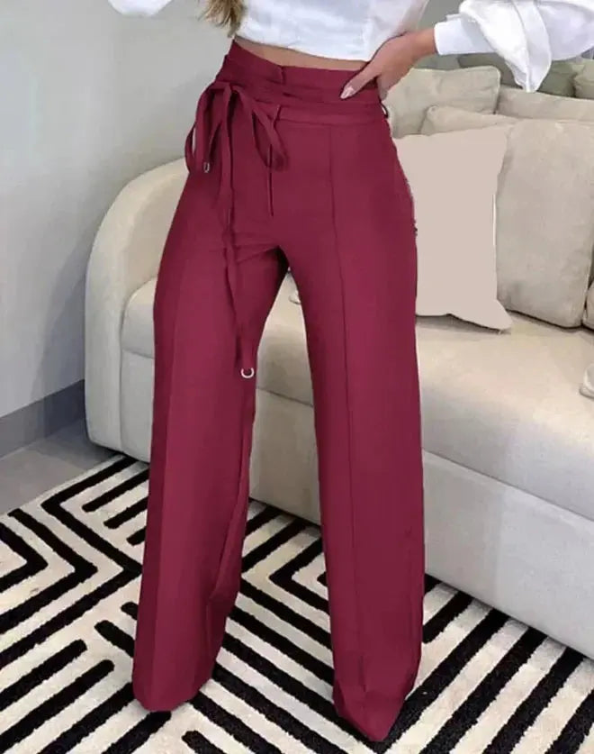 Women's Pants 2023 Spring Fashion Tied Detail Straight Leg Elegant Plain High Waist Long Work Pants Office Lady - Lady T Fashions