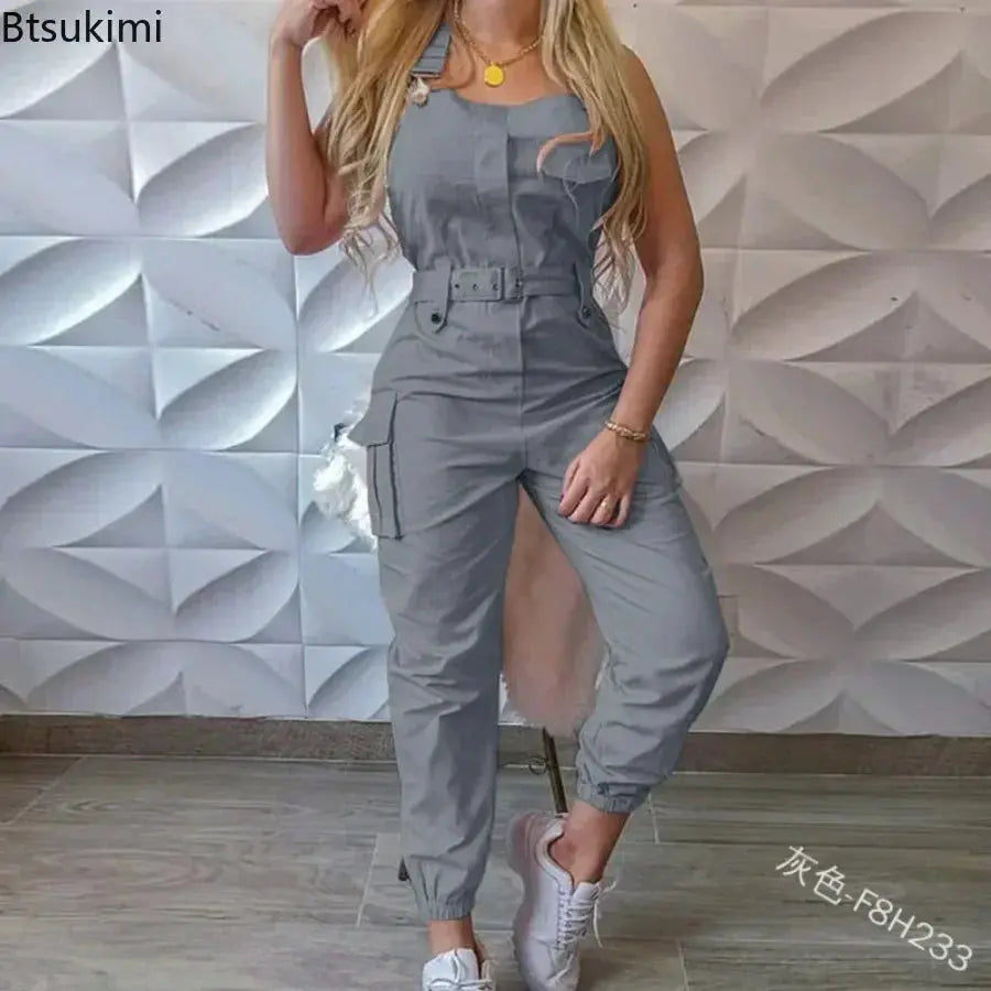2025 Women's Casual Jumpsuits Cargo Playsuit Sleeveless O Neck Jumpsuit With Pocket and Belt Elegant Pencil Pants Loose Overalls - Lady T Fashions