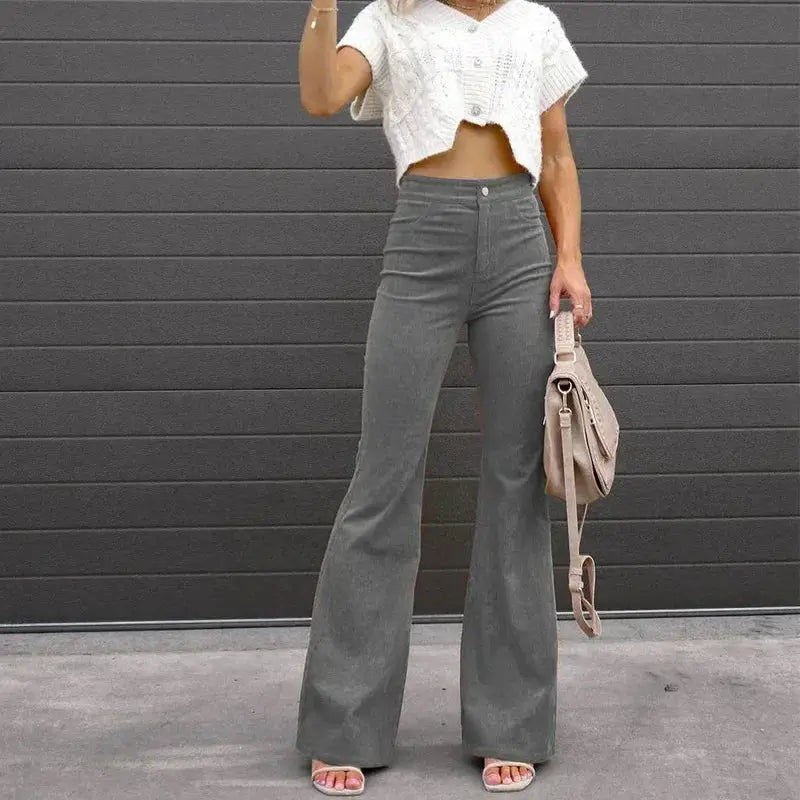 Women Pants Elegant Corduroy Autumn Winter Fashion Slim Casual Female New Solid Mid-waist Street Long Flare Clothing Lugentolo - Lady T Fashions