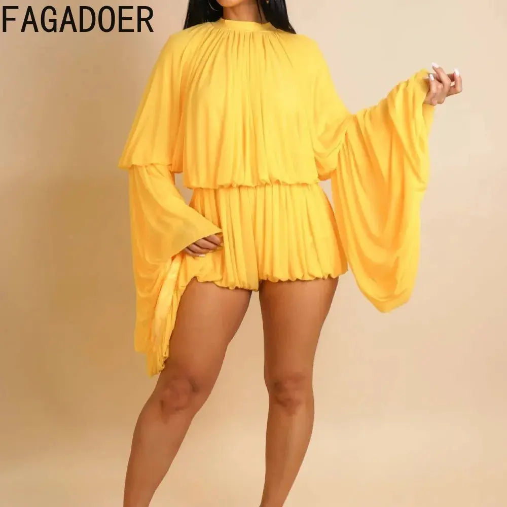 FAGADOER Fashion Mesh Bodycon Rompers Women Round Neck Flare Sleeve Ruched Patchwork Jumpsuit Female Streetwear Overalls New - Lady T Fashions