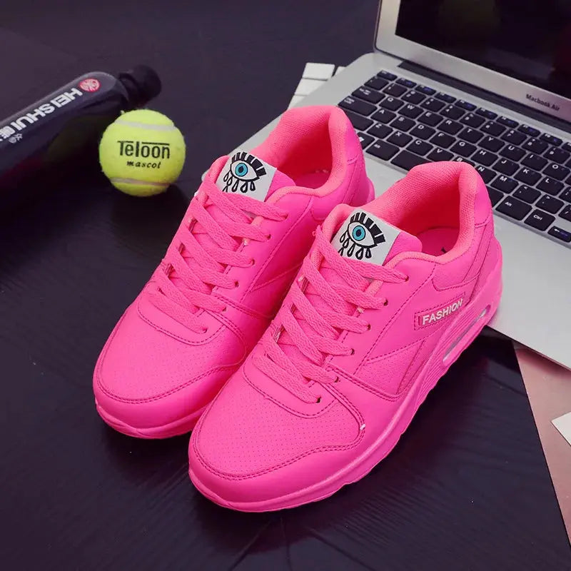Women Fashion Sneakers Air Cushion Sports Shoes Pu Leather Blue Shoes White Pink Outdoor Walking Jogging Shoes Female Trainers - Lady T Fashions