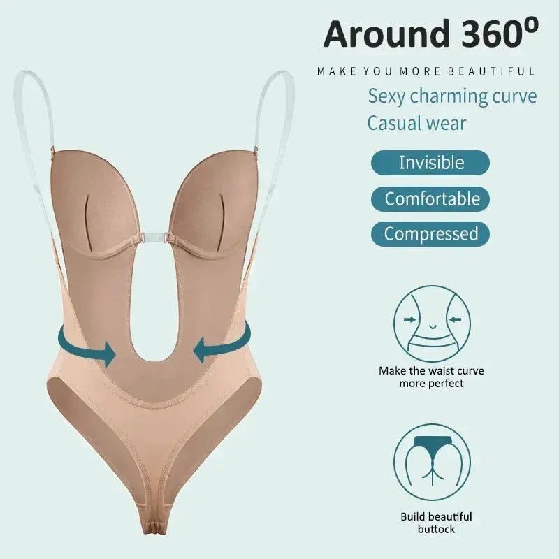 Women Shapers Underwear Backless Bodysuit Shapewear M L XL Deep V-Neck Body U Plunge Clear Strap Padded Push Up Corset - Lady T Fashions