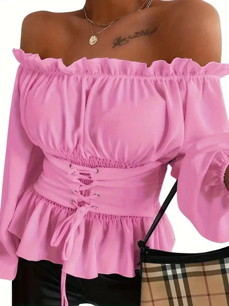 Women's Summer Plus Size 1XL-5XL Outfits Versatile Solid Color Long Sleeve Blouse Fashion Off Shoulder Lace Up Corset Shirt - Lady T Fashions