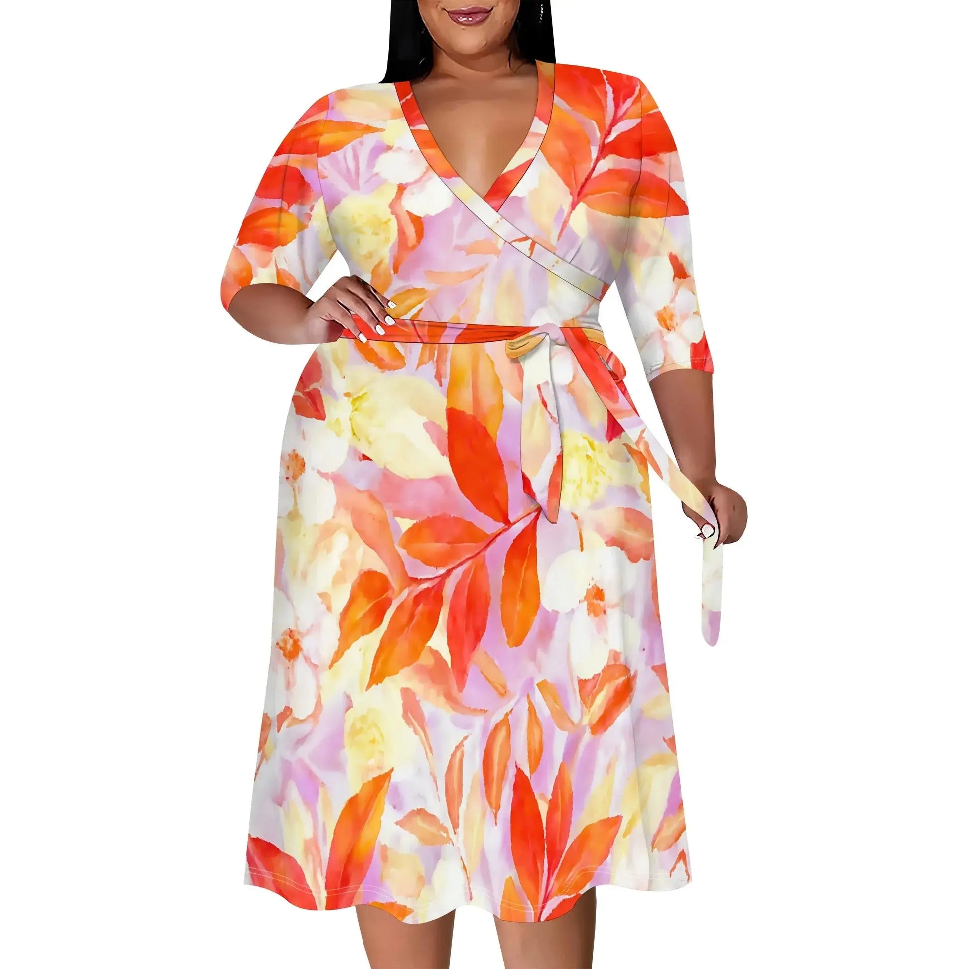 Women's Wrap Dress 2025 New Arrival Orange Floral Print 3/4 Sleeve Summer Dress XL-6XL - Lady T Fashions