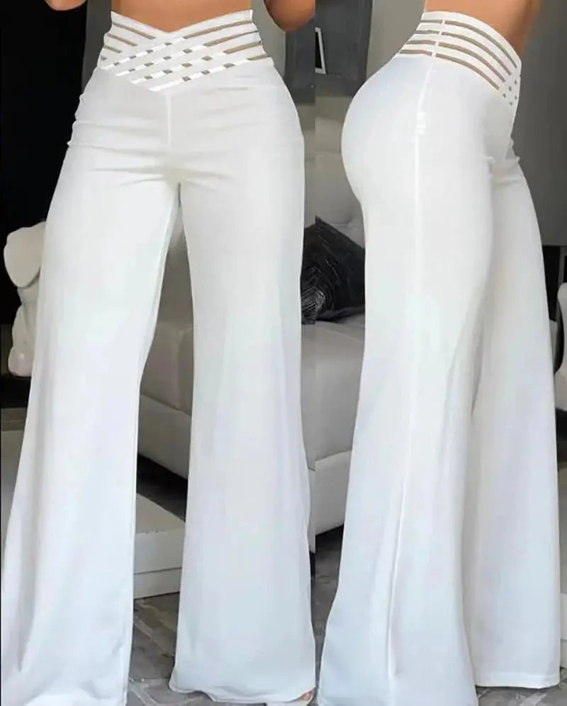 Women Flared Pants Elegant Office Lady Casual High Waist Trousers Spring Summer Solid Crisscross Sheer Mesh Patch Wide Leg Pant - Lady T Fashions