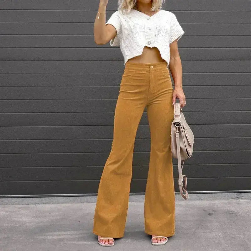 Women Pants Elegant Corduroy Autumn Winter Fashion Slim Casual Female New Solid Mid-waist Street Long Flare Clothing Lugentolo - Lady T Fashions