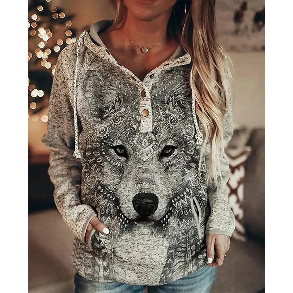 Wolf Hoodie Women Fashion Oversized Hoodies Vintage Sweats Girls Coat Women Sweatshirt Coat Hooded Pullover Owl Tracksuit Autumn - Lady T Fashions