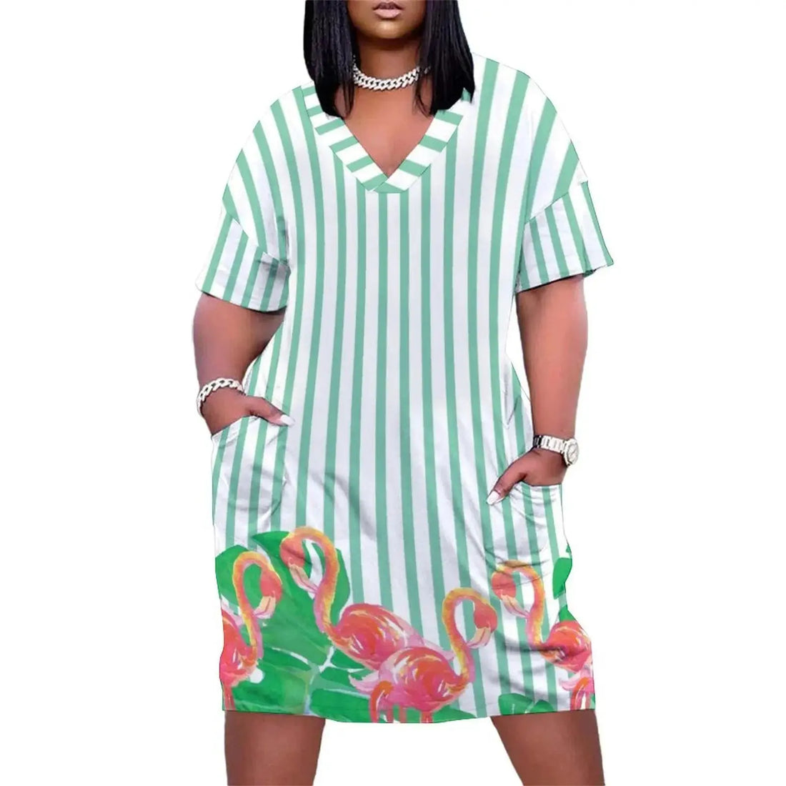 Stripes and Flamingos Loose Pocket Dress Dress vintage dresses for women 2025 - Lady T Fashions