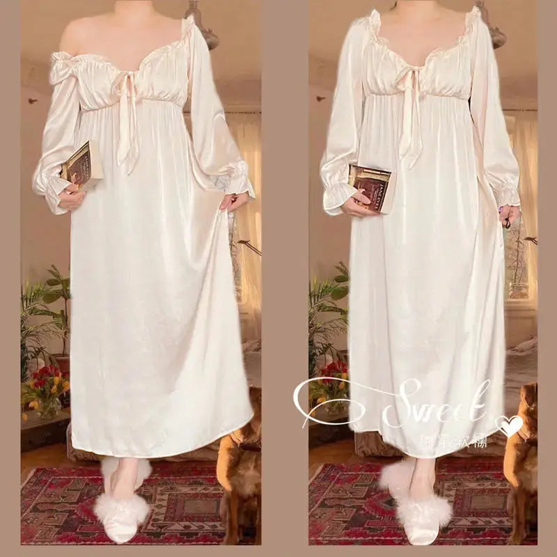 Women's Elegant Nightgown French Style Ladies Summer Long Sleeve Night Dress Bow Sexy Homewear Nightdress For Female S-2XL - Lady T Fashions