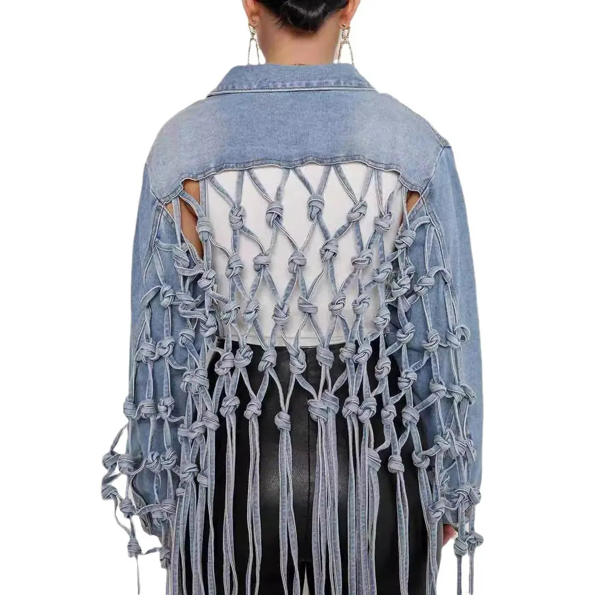 Women Denim Jacket Back Grid Fringe Design Denim Jacket Ladies Spring and Fall Fashion Short Personalized Jacket Coat 2024 New - Lady T Fashions