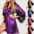 Women Night Gown Robe with G String Floral Lace Bathrobe Halt Sleeve Nightdress Female French Sexy Silky Satin Sleepwear - Lady T Fashions