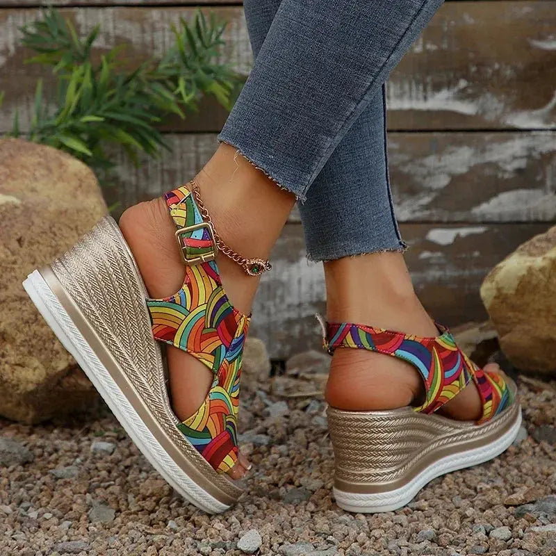 Rainbow Graffiti Wedge Heels Sandals for Women Summer 2025 Peep Toe Platform Sandals Woman Buckle Strap Thick Bottom Beach Shoes Lady T Fashions