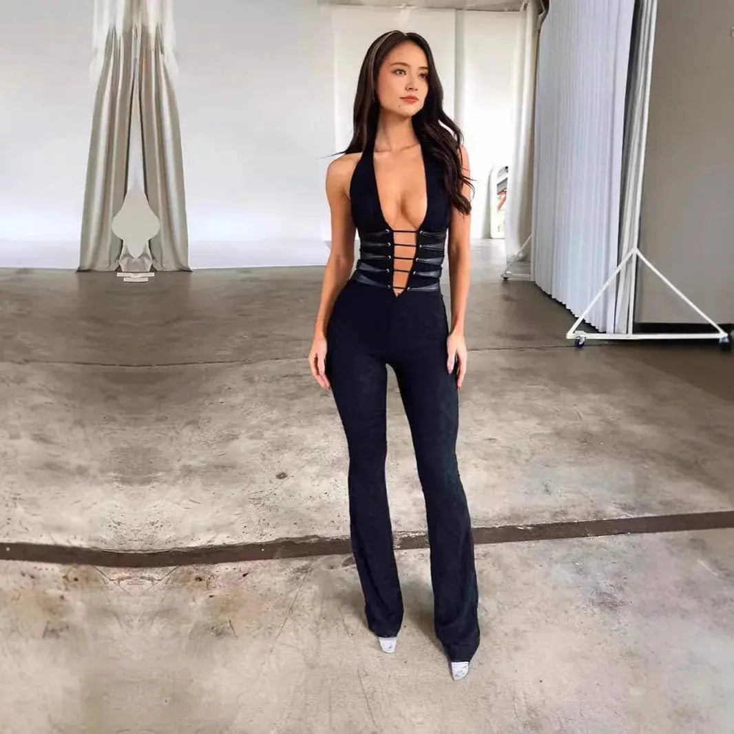 Sexy Lace Trousers Deep V Strap-on Neck Jumpsuit 2025 Spring/summer New Fashion High Street Women's Clothing - Lady T Fashions