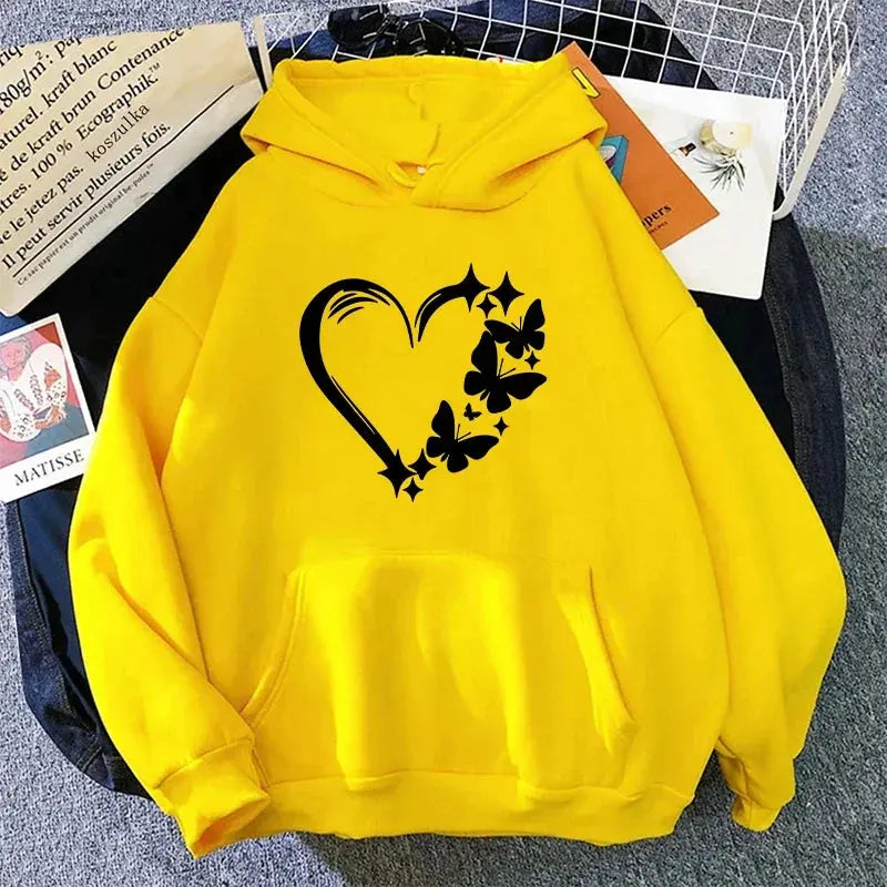 Heart Printed Hoodies for Woman Autumn Winter Daily Casual Sporty Hooded Sweatshirts Female Home Outdoor Comfort Loose Pullover - Lady T Fashions