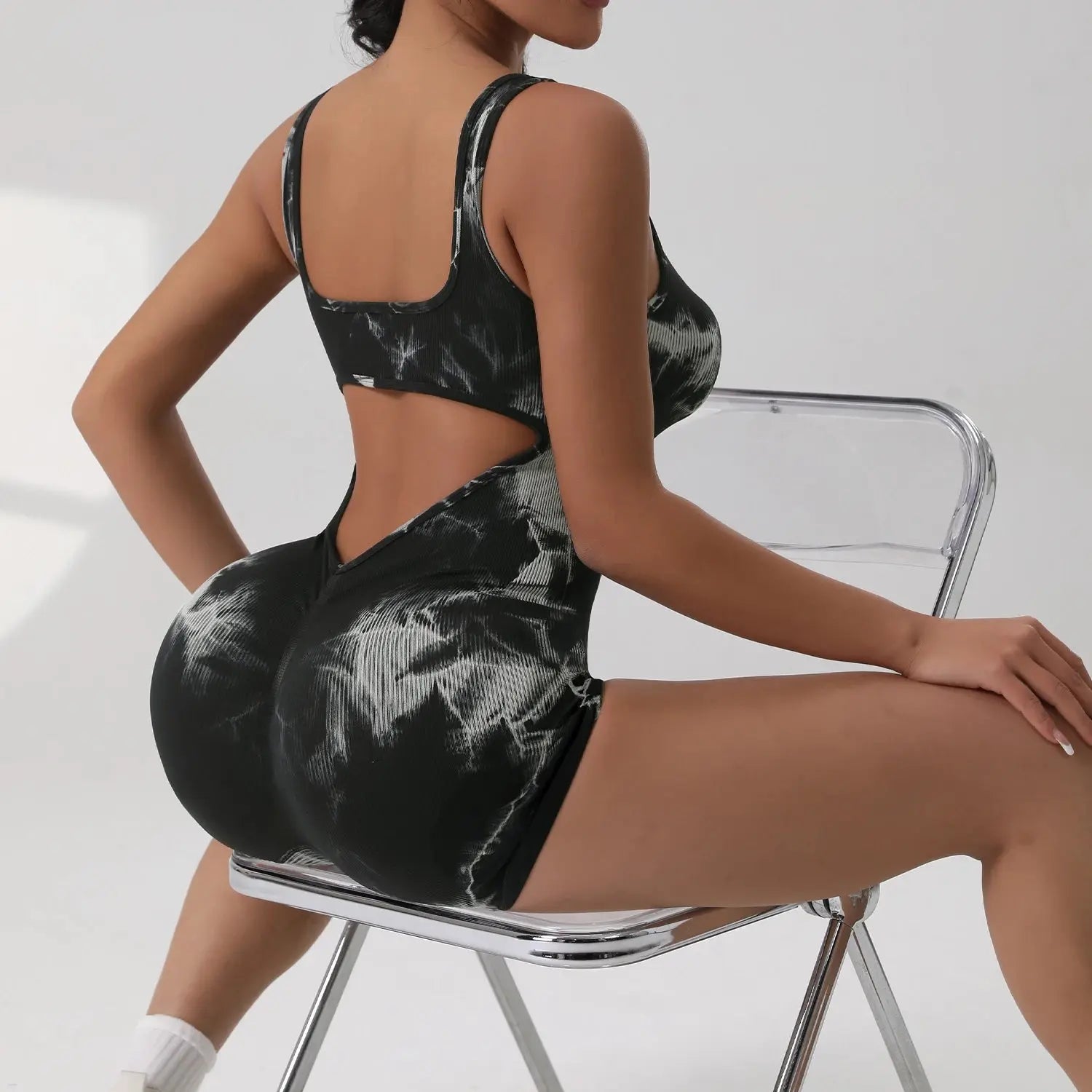 Women Sexy Hollow Out Bodysuit Seamless Square Neck Backless Bodysuit Fitness Yoga Trainning High Elastic Sports Short Bodysuit - Lady T Fashions