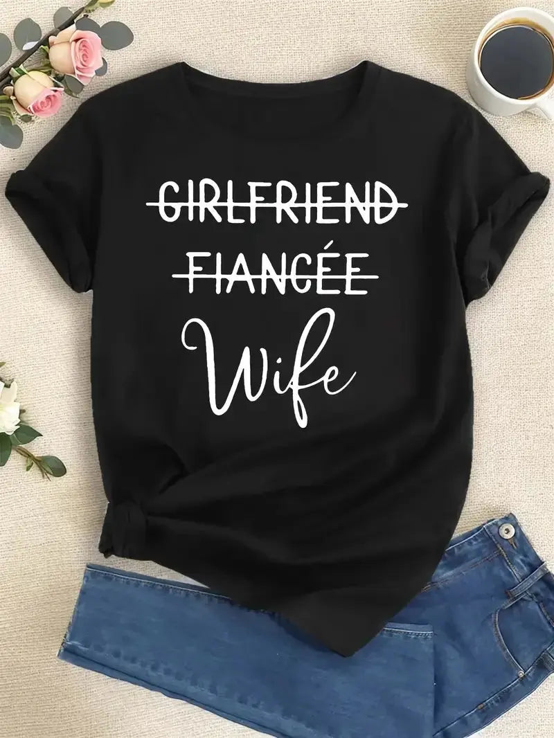 Plus Size Women's Clothing Fashion Letters Wife Print T-shirt, Short Sleeve Crew Neck Casual Top For Summer & Spring - Lady T Fashions