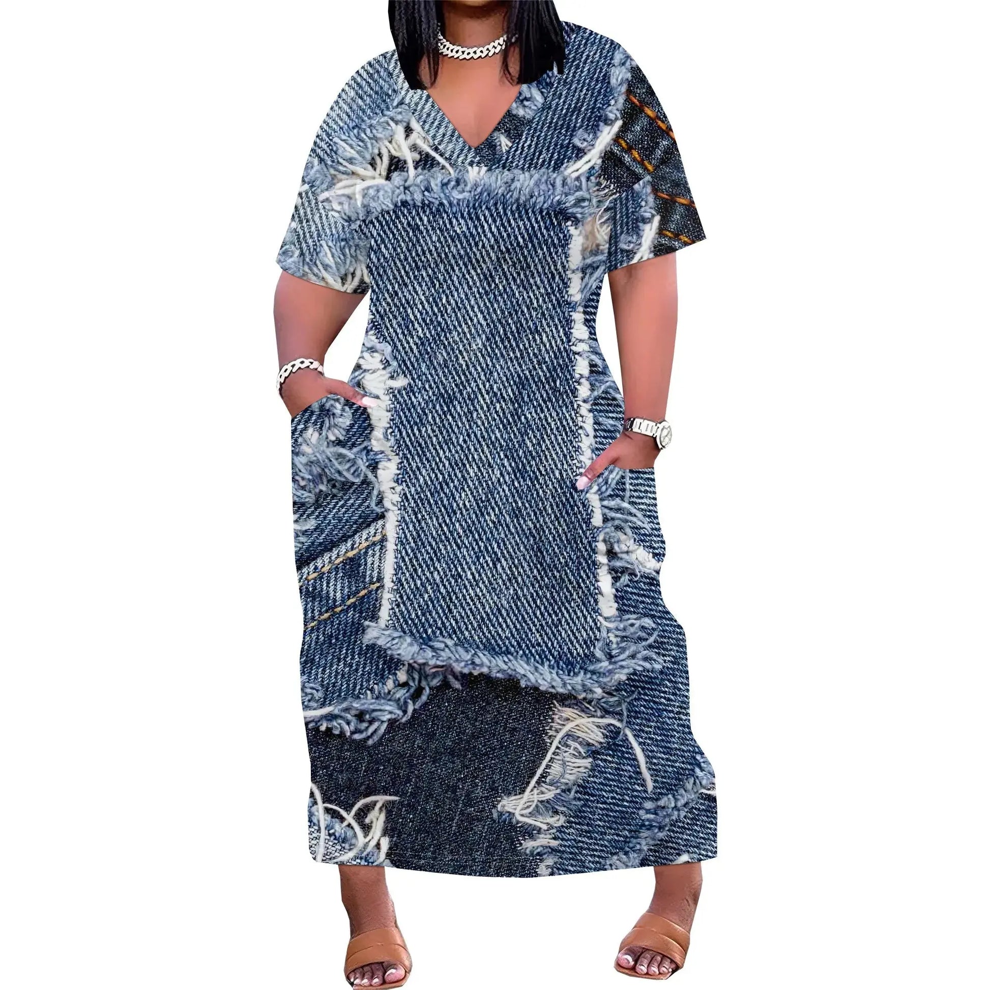 Patchwork Denim Print Casual Plus Size Maxi Dress - Lady T Fashions