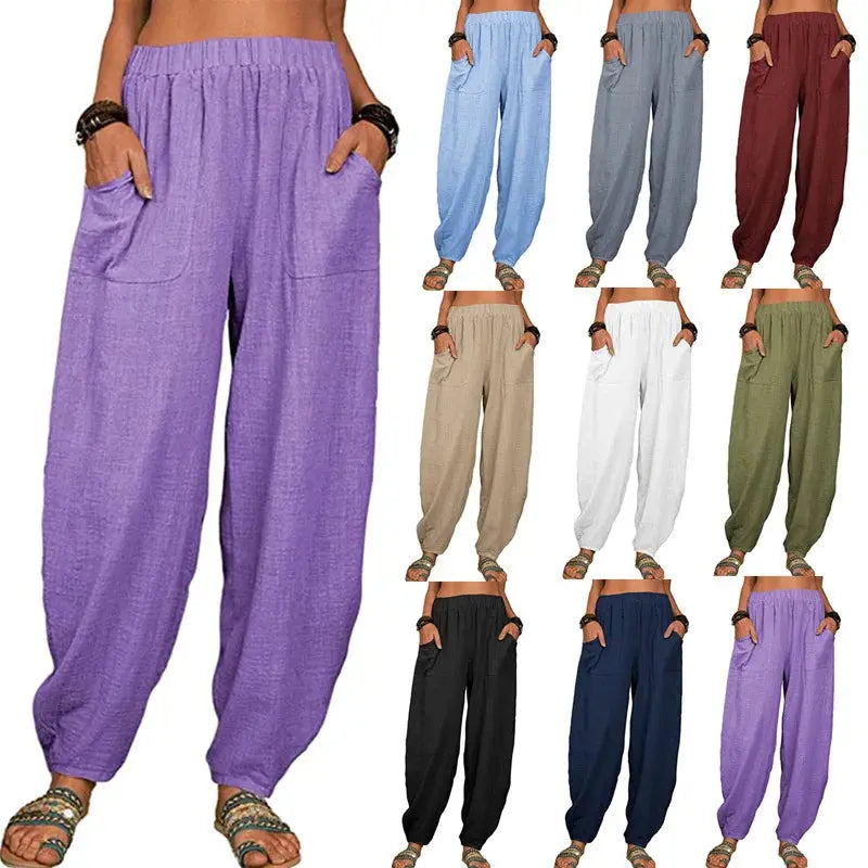 Women Harem Pants Summer Casual Vintage Cotton Linen Pants Elastic Waist Wide Leg Retro Loose Pockets Female Mom Trousers S-5XL Lady T Fashions