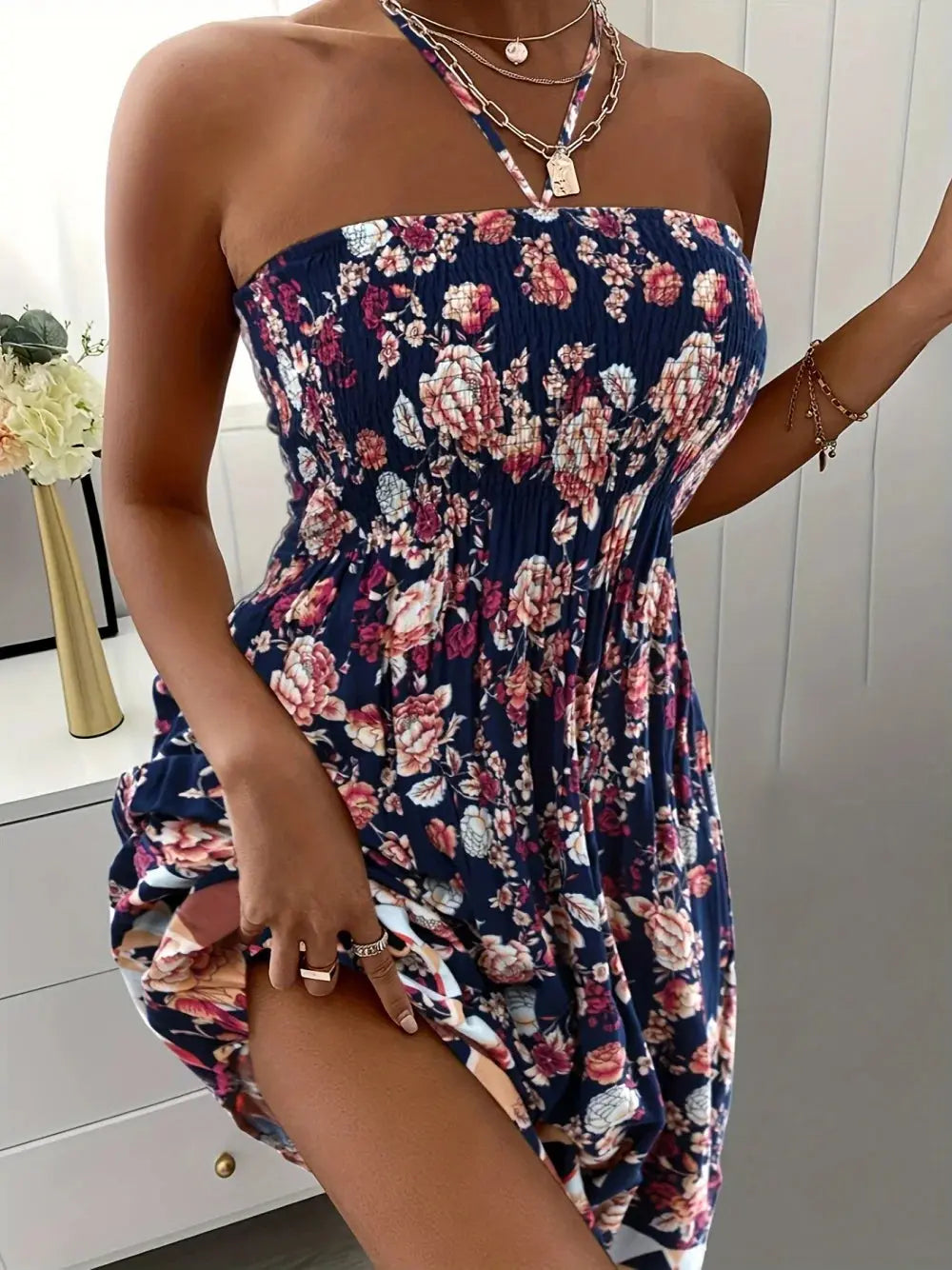 Plus Size Women Boho Flower Printed Dress Women's Strap Neck Casual Vacation Dress - Lady T Fashions