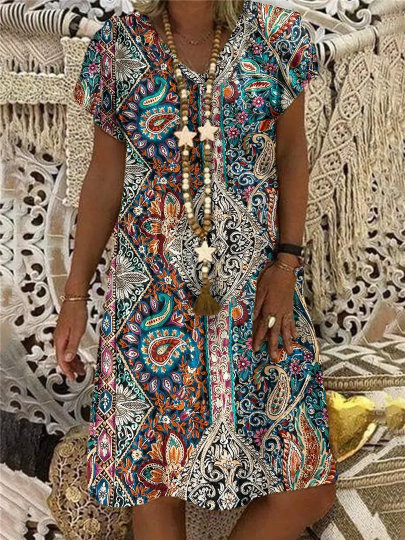 Plus size European and American cross-border spring and summer new casual V-neck printed short sleeve dress - Lady T Fashions