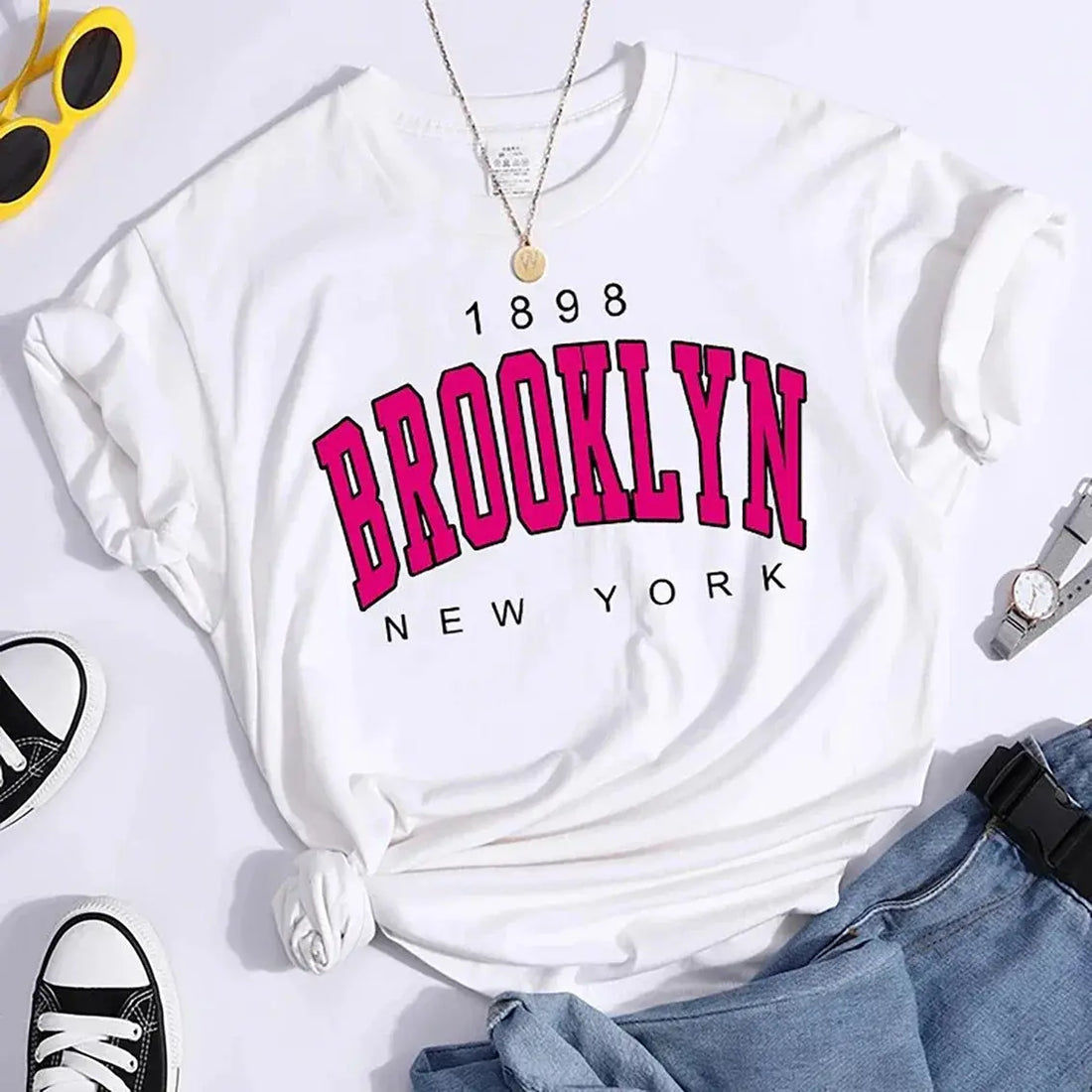 2024 New Vintage 1898 Brooklyn New York Womens T-Shirts Oversize American Short Sleeve Casual Clothing Street Woman Tops ﻿ - Lady T Fashions