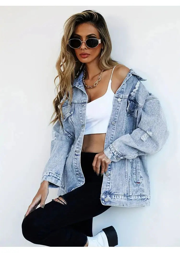 Jeans Jackets for Woman Jackets Euramerican Hole Autumn Winter Women's Jeans Coats Outerwears Denim Top New Female Jean Fashion - Lady T Fashions