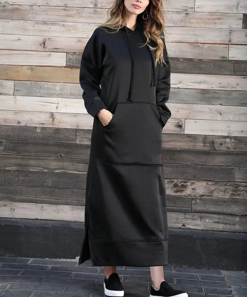 Hoodies Dress for Women Fashion  2024 Hem Lace-up Midi Robe Hooded Long Vestidos Winter Warm Casual Loose Sweatshirt Dress - Lady T Fashions