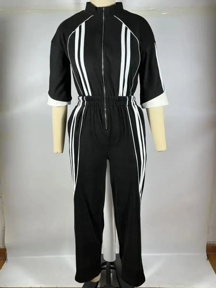 Women Jumpsuits For Spring 3/4 Sleeve Print Stripe Loose Fashion Streetwear Overalls Wide Leg Pants Trousers 2025 Summer - Lady T Fashions