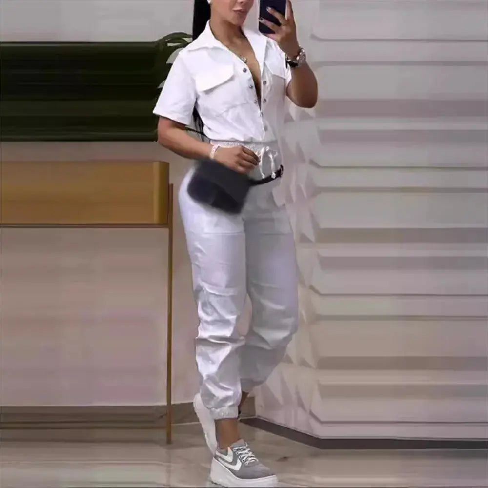 Fashion Casual Pocket Solid Color Short Sleeved Women Jumpsuit Spring Autumn New Waistband Female Shirt Work Overalls Pants - Lady T Fashions
