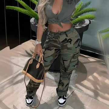 Women Vintage Pants High Waist Casual Y2K  Trousers Cargo Long Pant Female Camo Pants - Lady T Fashions