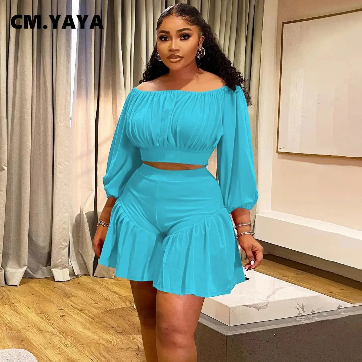 CM.YAYA Plus Size Women's Set Long Sleeve Slash Neck T-Shirt and Shorts 2025 Summer Ruched Two 2 Piece Set Outfits Tracksuit - Lady T Fashions