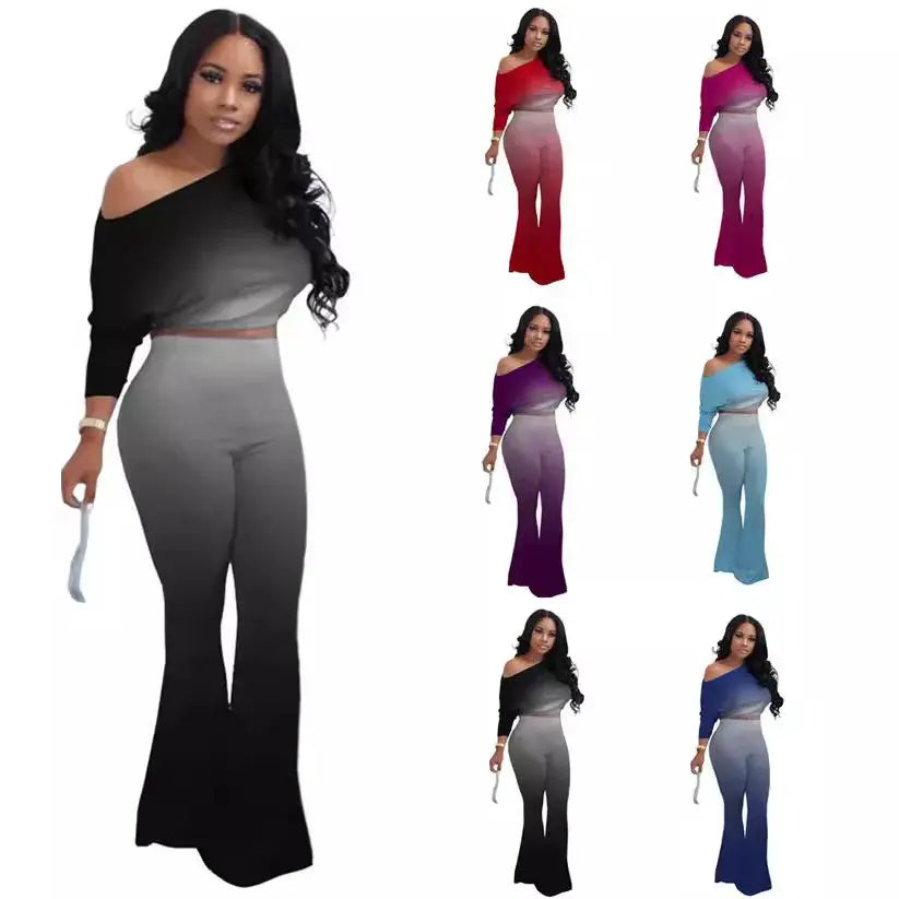 Women's long pants set gradient color solid color sloping shoulder top slim fit flared pants home wear two-piece set plus size - Lady T Fashions
