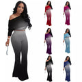 Women's long pants set gradient color solid color sloping shoulder top slim fit flared pants home wear two-piece set plus size - Lady T Fashions