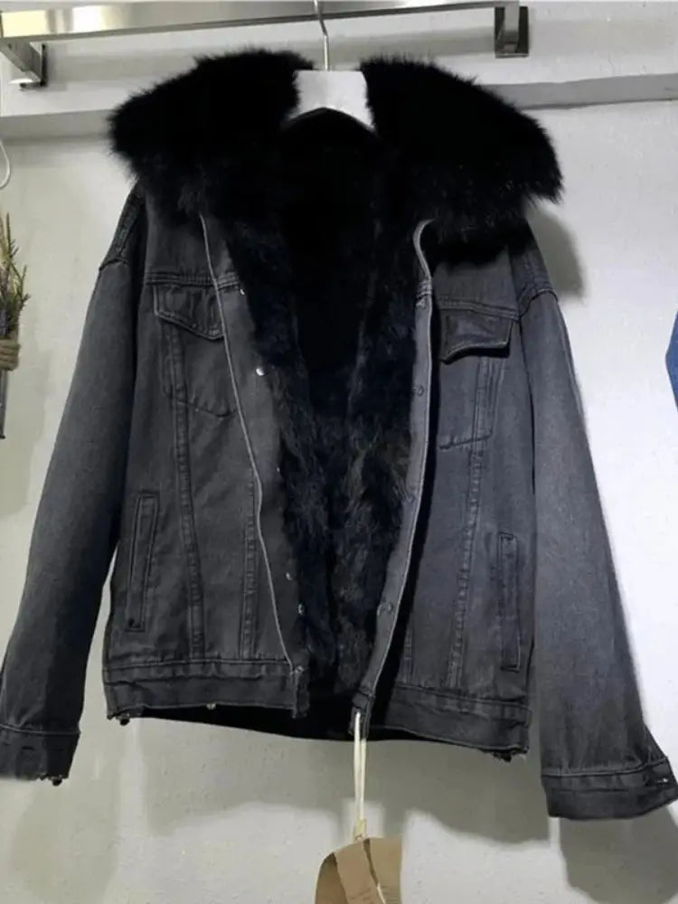 Winter Women Warm Basic Coat Big Fur Collar Denim Jacket Female Cold Motorcycle Jackets Outerwear Fleece Thick Casual Overcoat - Lady T Fashions