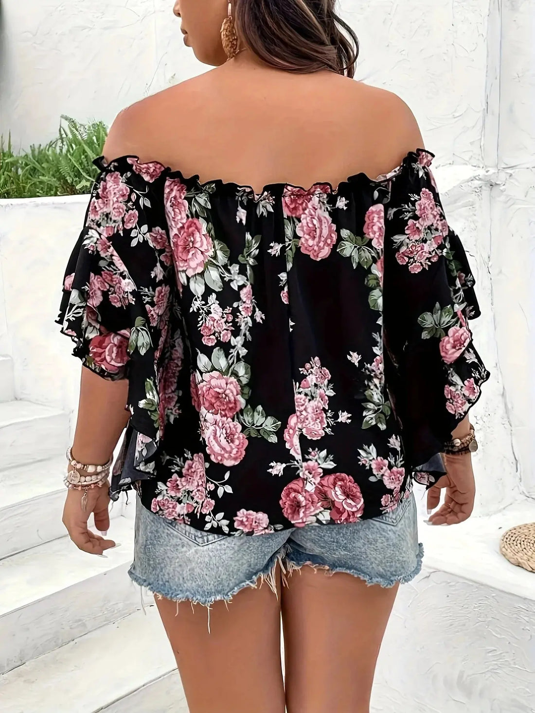 Plus Size Summer Women Elegant Chiffon Shirt Floral Print Off the Shoulder Tops Ruffle Sleeve Curve Clothing - Lady T Fashions