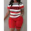 Plus Size Summer Outfits Biker Shorts Set Crew Neck Short Sleeve Positioning Printing Queen Plus Size 2 Piece Set Women - Lady T Fashions