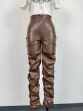 Women's Pants Wholesale Items High Waist Pu Leather Black Wide Leg Pants for Women Casual Fashion Loose Streetwear Trouser Femme Lady T Fashions