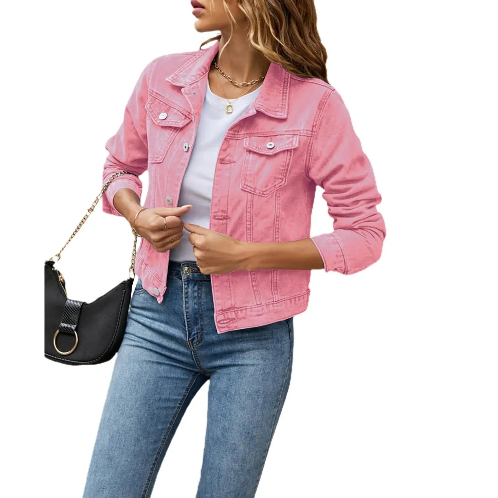 Women's Denim Jackets Fashion Female Casual Long Sleeve Lapel Solid Button Down Chest Pocket Slim Jean Jacket Fall Winter Coat - Lady T Fashions