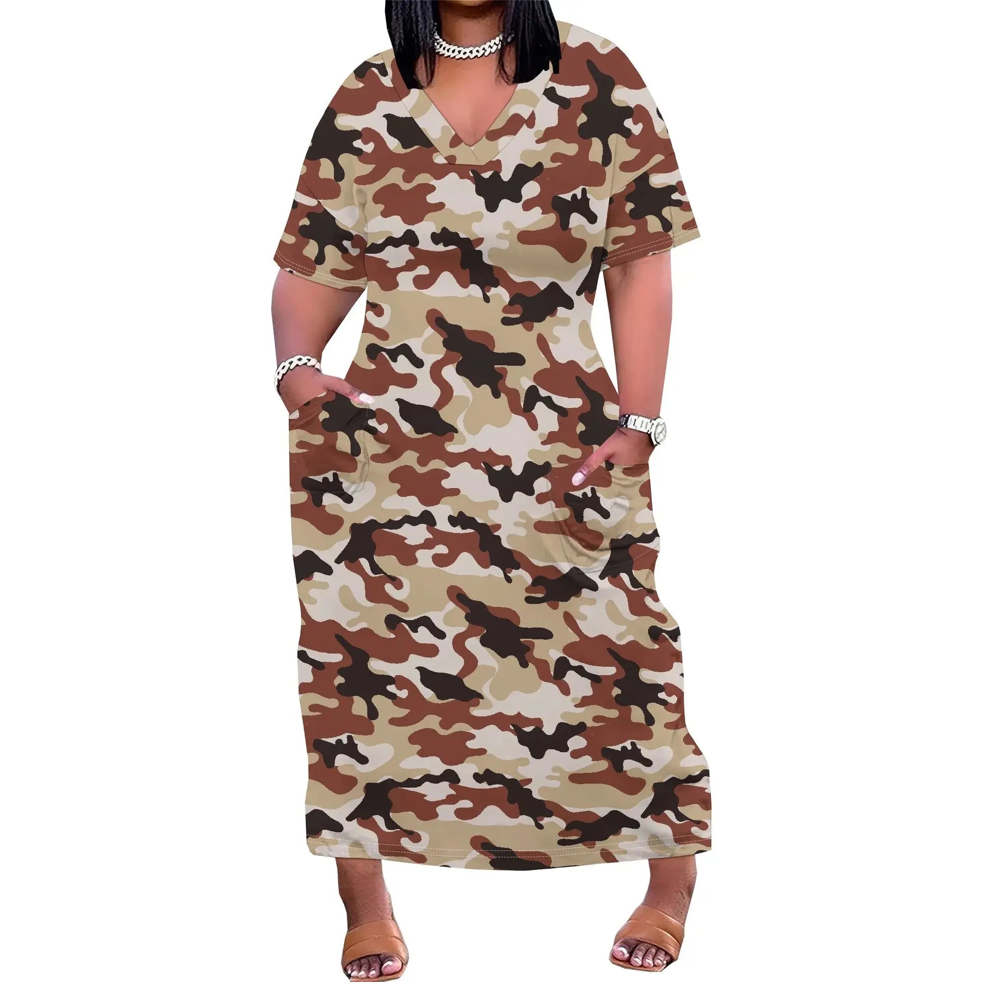 V-Neck Camo Print Women's Loose Maxi Dress 2025 New Arrival Summer Casual Dress XL-6XL - Lady T Fashions