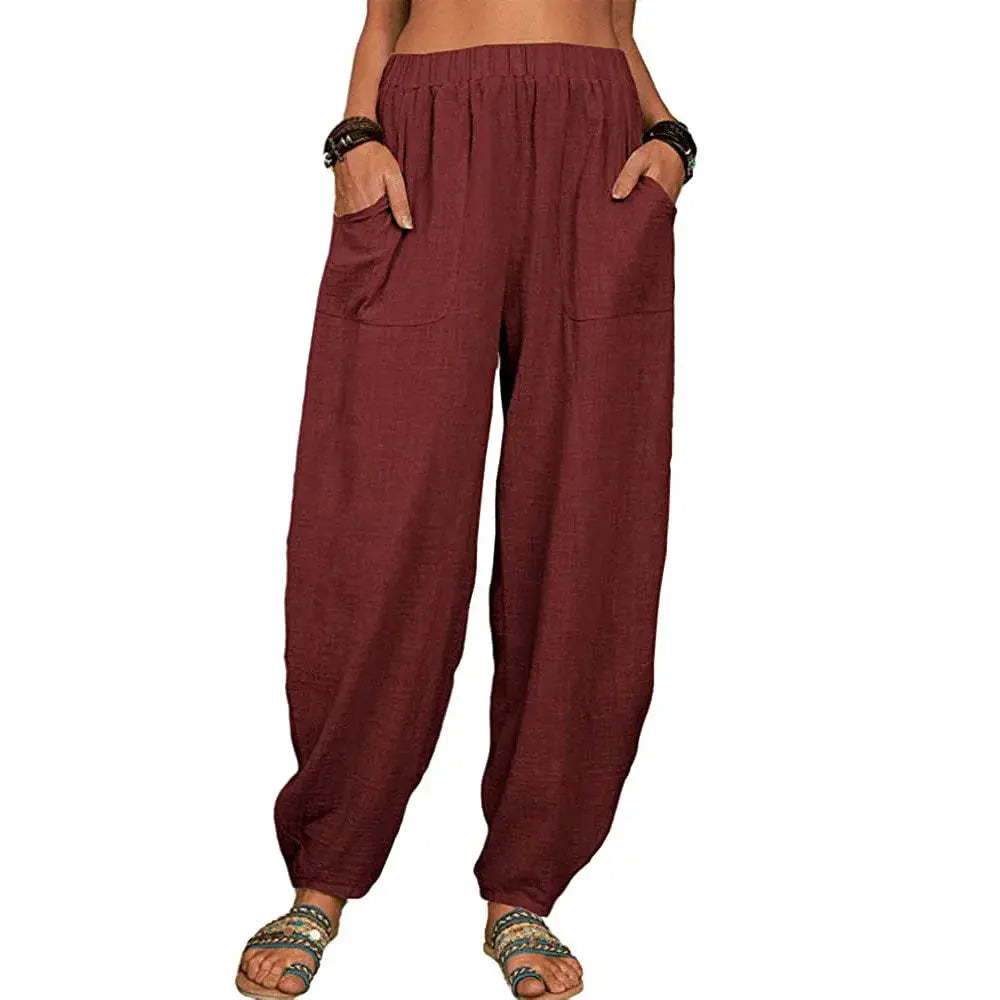 Women Harem Pants Summer Casual Vintage Cotton Linen Pants Elastic Waist Wide Leg Retro Loose Pockets Female Mom Trousers S-5XL Lady T Fashions