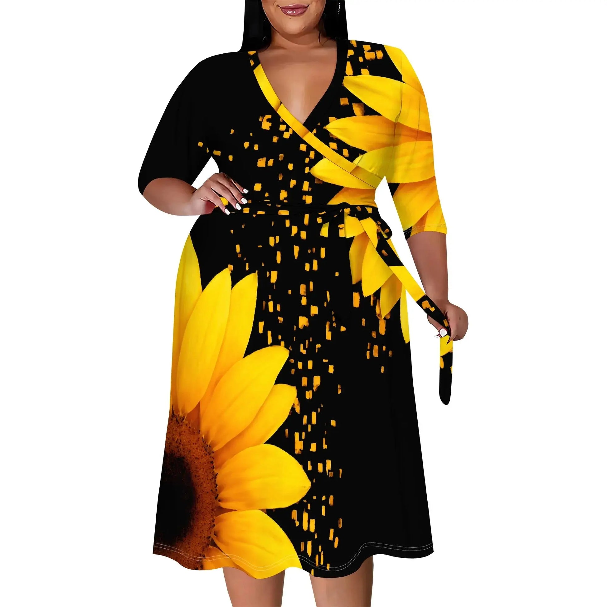 Women's Wrap Dress 2025 New Arrival Orange Floral Print 3/4 Sleeve Summer Dress XL-6XL - Lady T Fashions