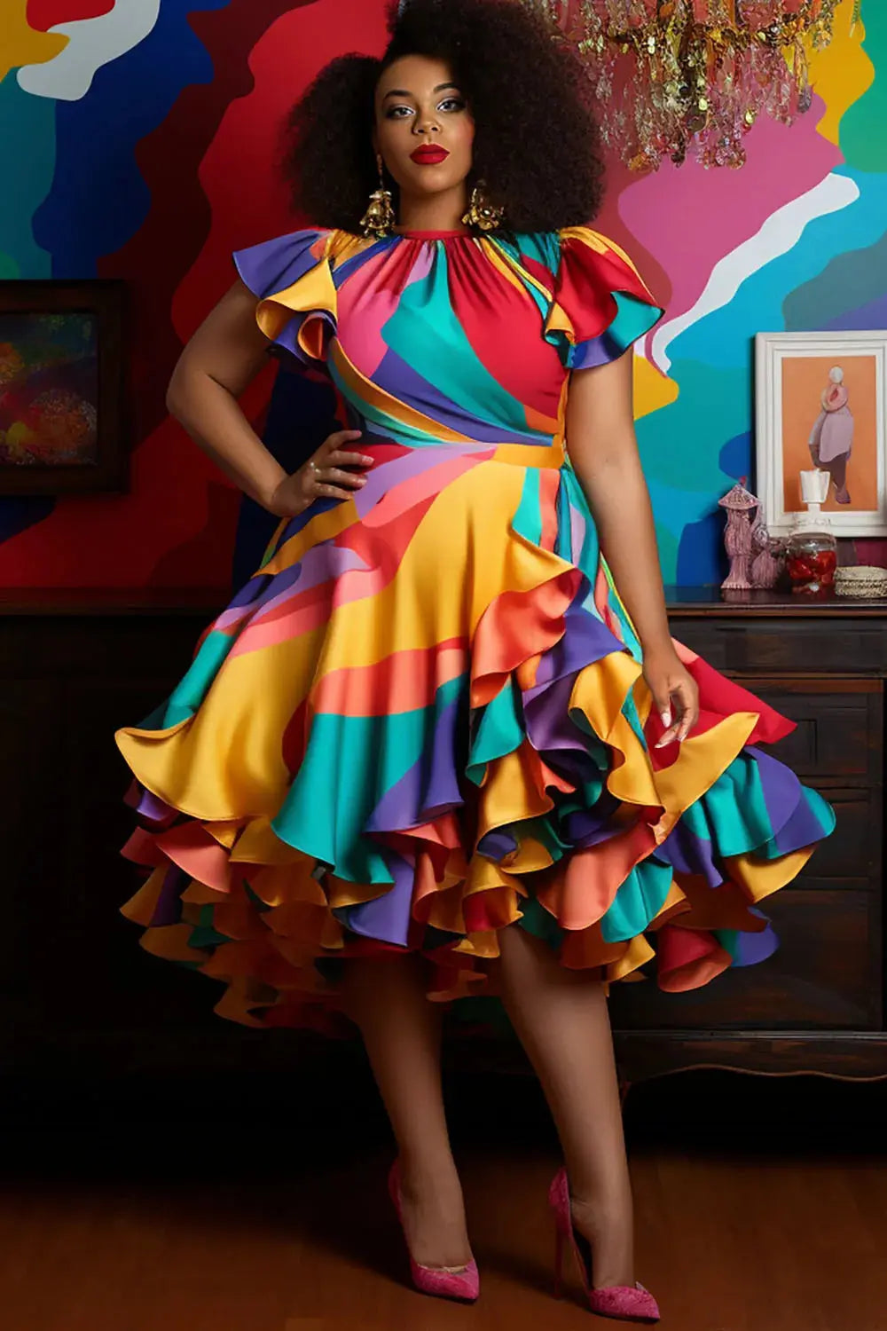Pleated A-Line Ruffle Dress Plus Size Vintage Multicolor Round Neck Petal Sleeve Short Sleeve Elegant Sweet Satin Midi Dress - Lady T Fashions