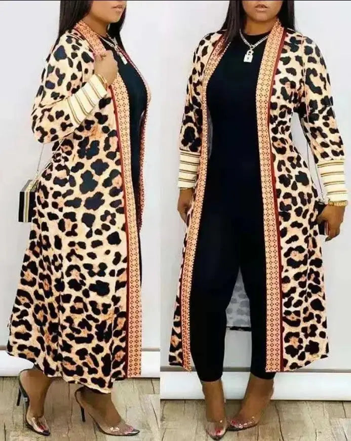 Jackets for Women 2023 Autumn/winter New Fashion Casual Daily Plus Size Leopard Print Open Front Longline Coat Elegant Commuting - Lady T Fashions
