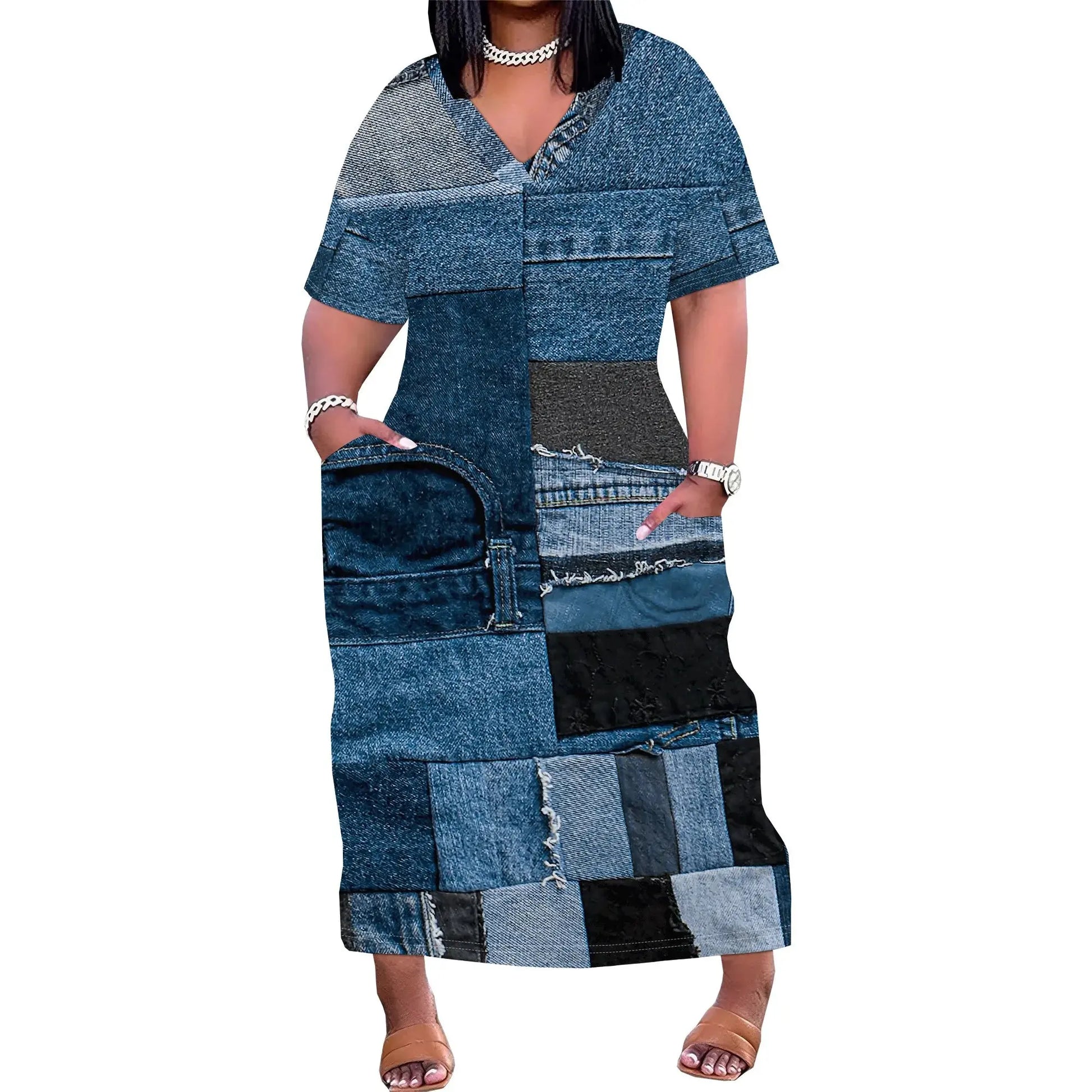 Patchwork Denim Print Casual Plus Size Maxi Dress - Lady T Fashions