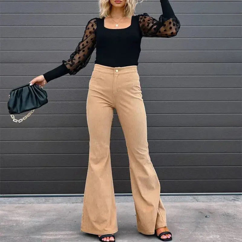 Women Pants Elegant Corduroy Autumn Winter Fashion Slim Casual Female New Solid Mid-waist Street Long Flare Clothing Lugentolo - Lady T Fashions