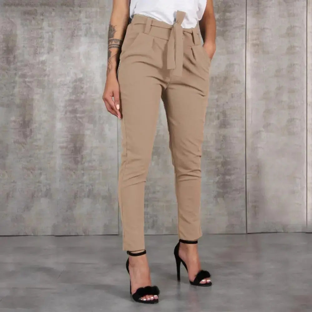 Casual Women Pants Solid Color Belted Elastic High Waist Harem Pants Long Trousers Women's Clothing Lady T Fashions