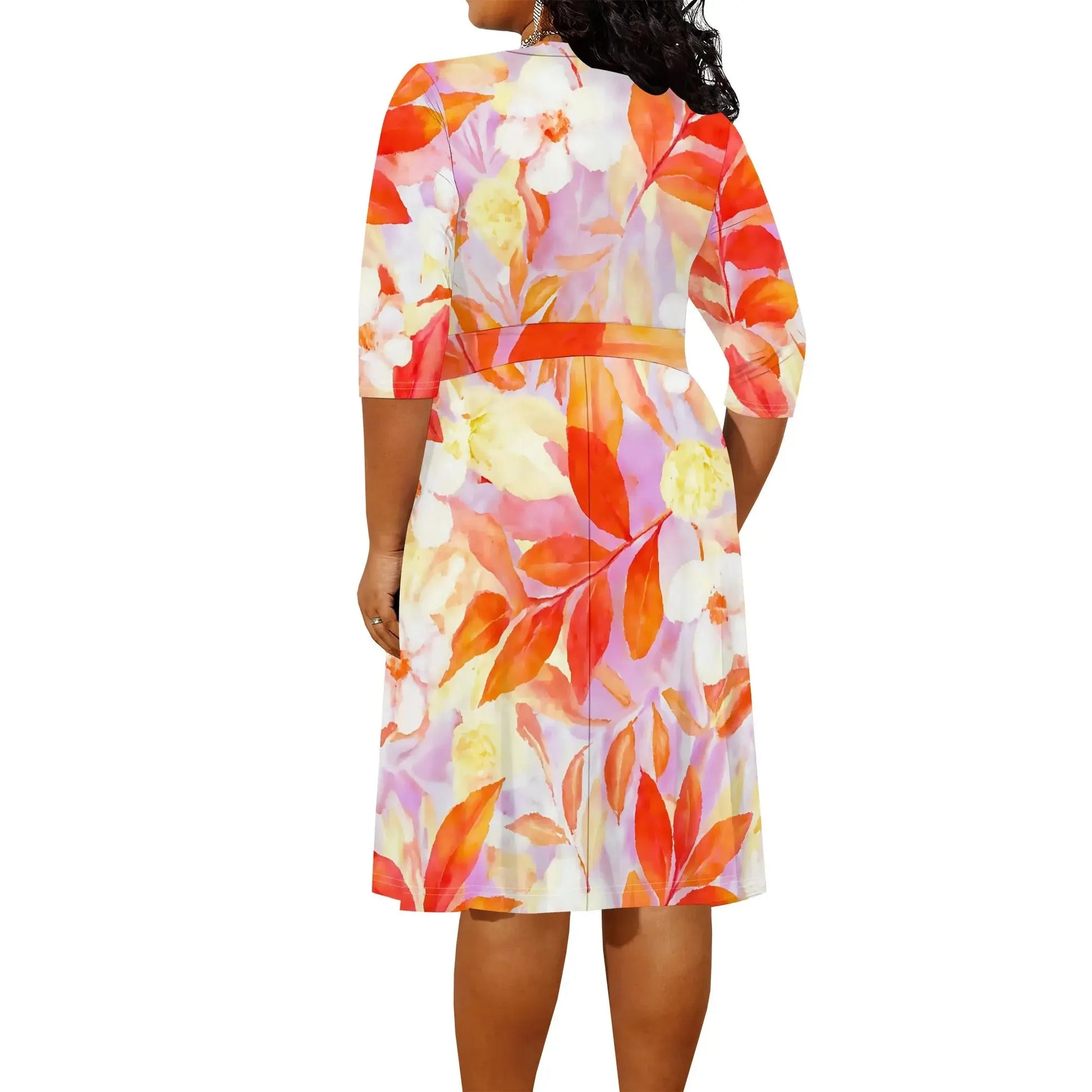 Women's Wrap Dress 2025 New Arrival Orange Floral Print 3/4 Sleeve Summer Dress XL-6XL - Lady T Fashions