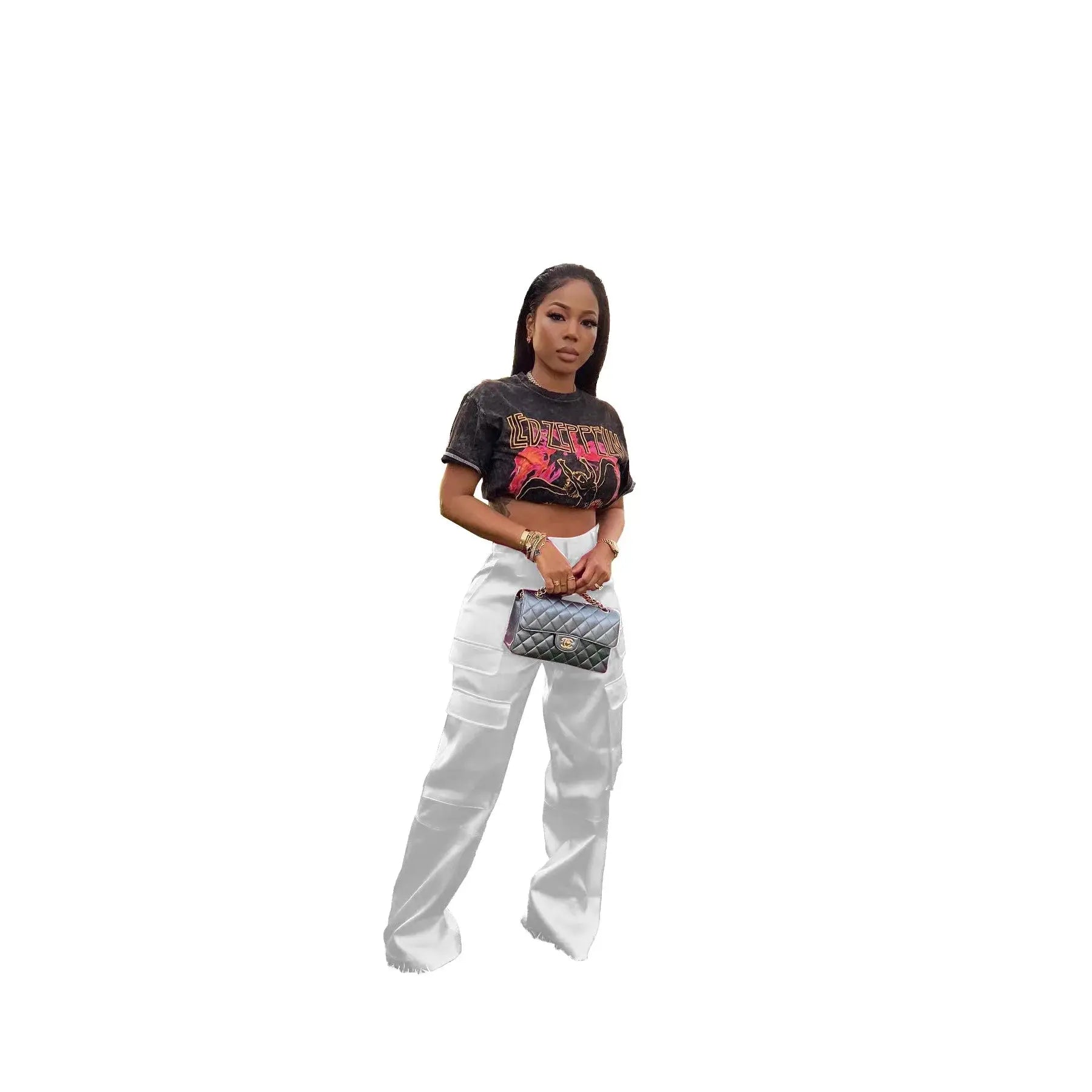 Women Pants  Spring Summer Casual Satin Stretch High Waist Cargo Pants With Pocket Streetwear Solid Wide Leg Pants Flare Trouser - Lady T Fashions