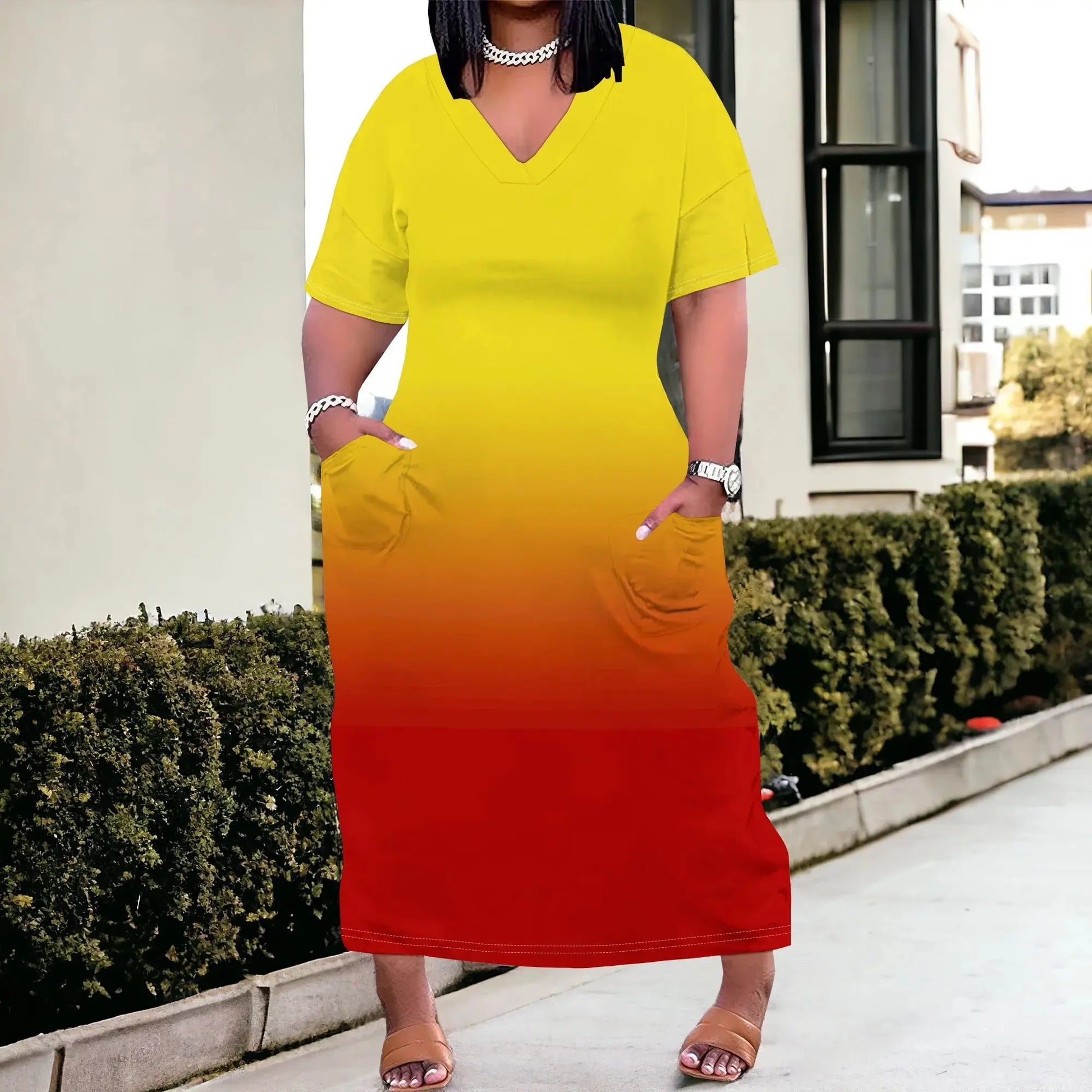 Women Casual T-Shirt Dress V Neck Short Sleeve with Front Two Pockets Solid Color Oversize Dresses - Lady T Fashions